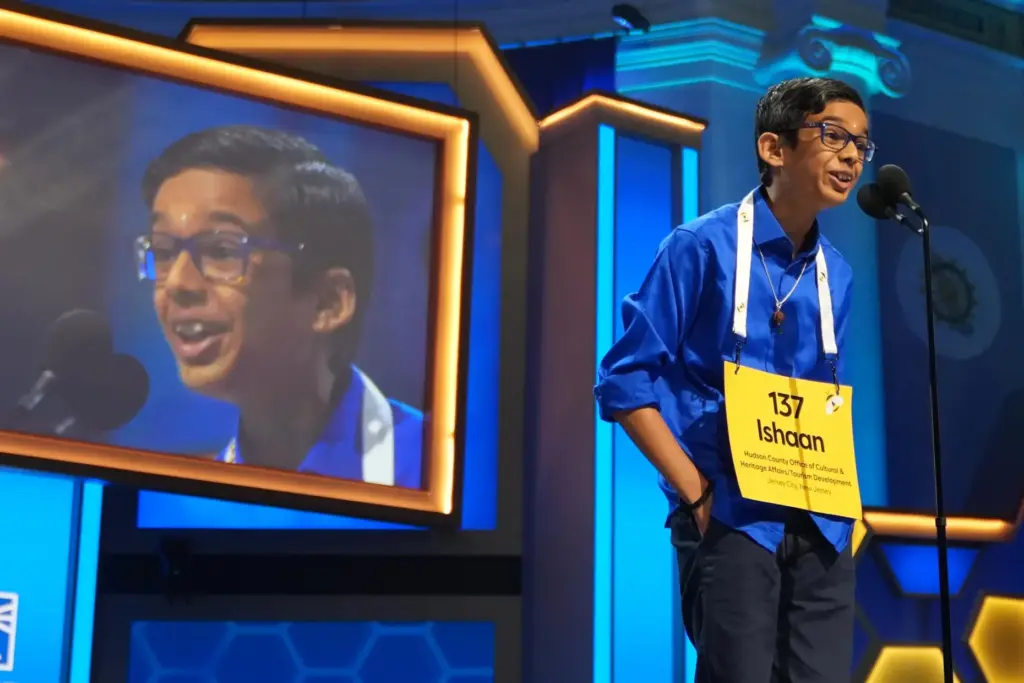 Ishaan Gupta, 12, of Jersey City, N.J., spells his word...