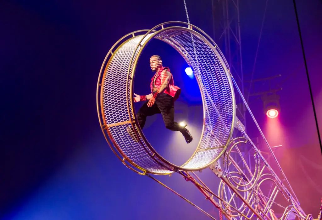 Acrobat Charlis Benitez performs on the âWheel of Deathâ during...