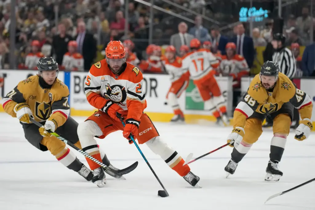 Ducks center Ryan Poehling (25) skates against Vegas Golden Knights...