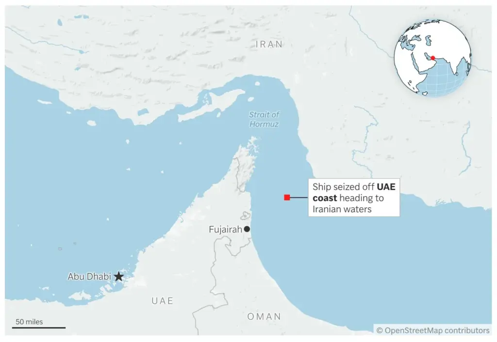 A map showing where a vessel was seized off the UAE coast.