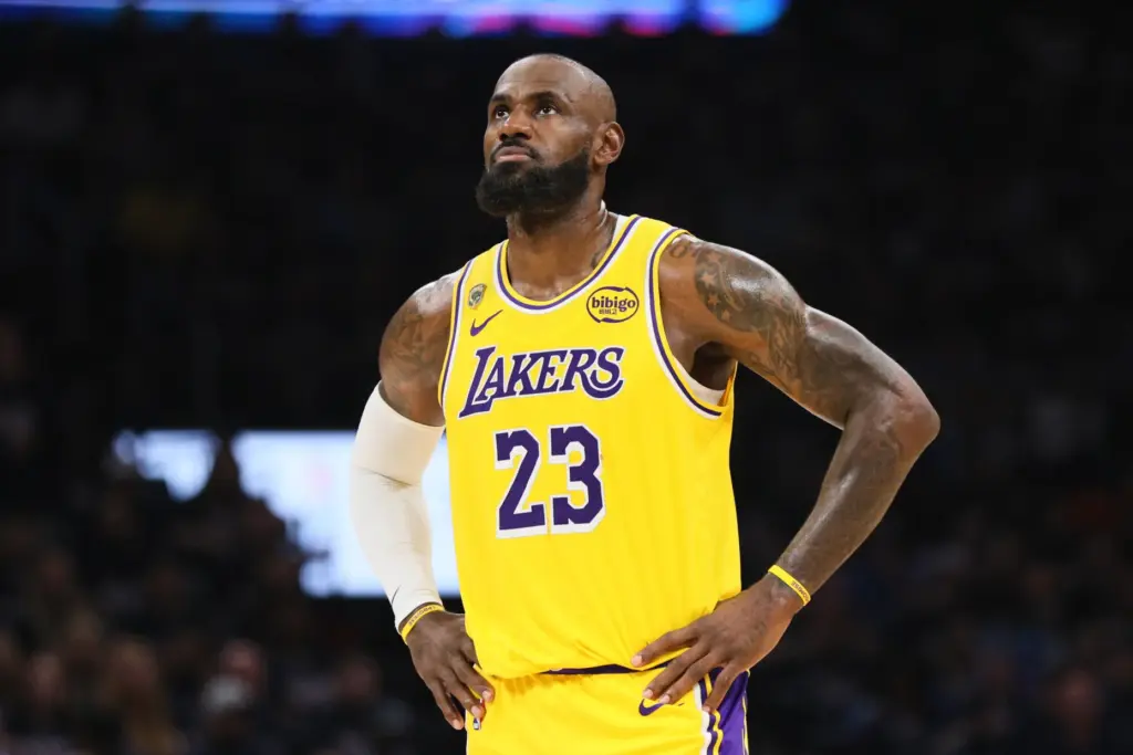 Los Angeles Lakers’ LeBron James stands on the court in...
