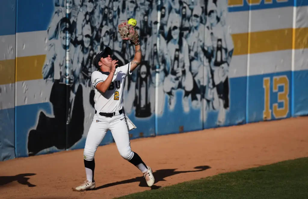 California Baptistâs Stevie Robison (2) catches a fly ball during...