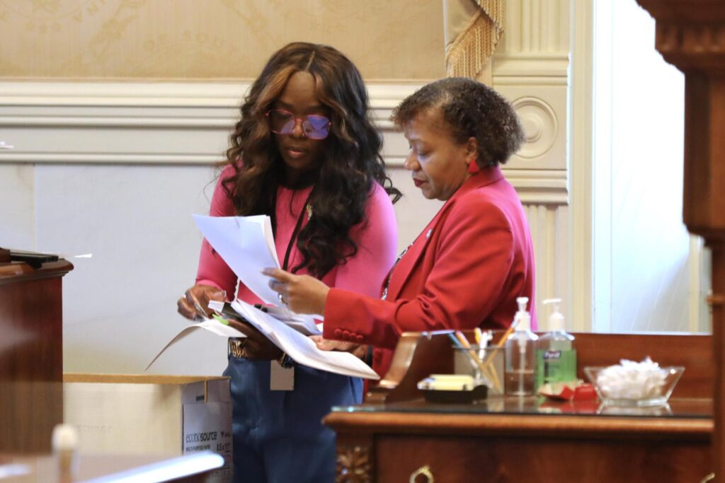 Democratic South Carolina Sen. Tameika Isaac Devine reviews amendments before the Senate's redistricting session.