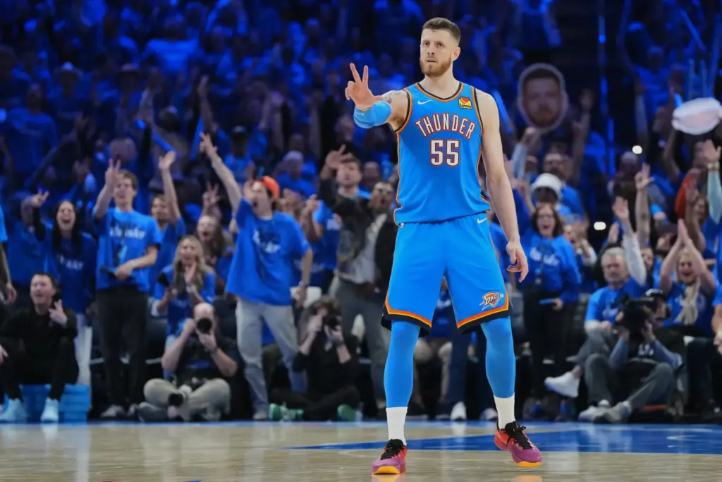 Oklahoma City Thunder center Isaiah Hartenstein celebrates after a basket...