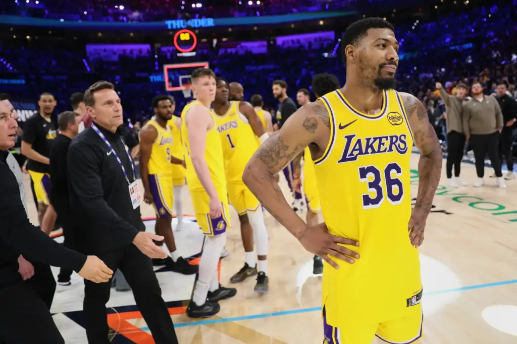 Los Angeles Lakers’ Marcus Smart (36) stands on the court...