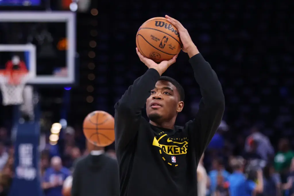 Lakers forward Rui Hachimura warms up before Game 2 of...