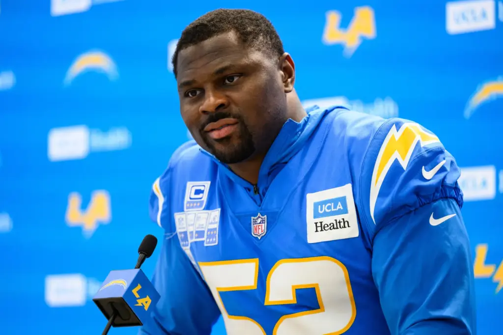 Chargers linebacker Khalil Mack speaks to reporters after the team’s...