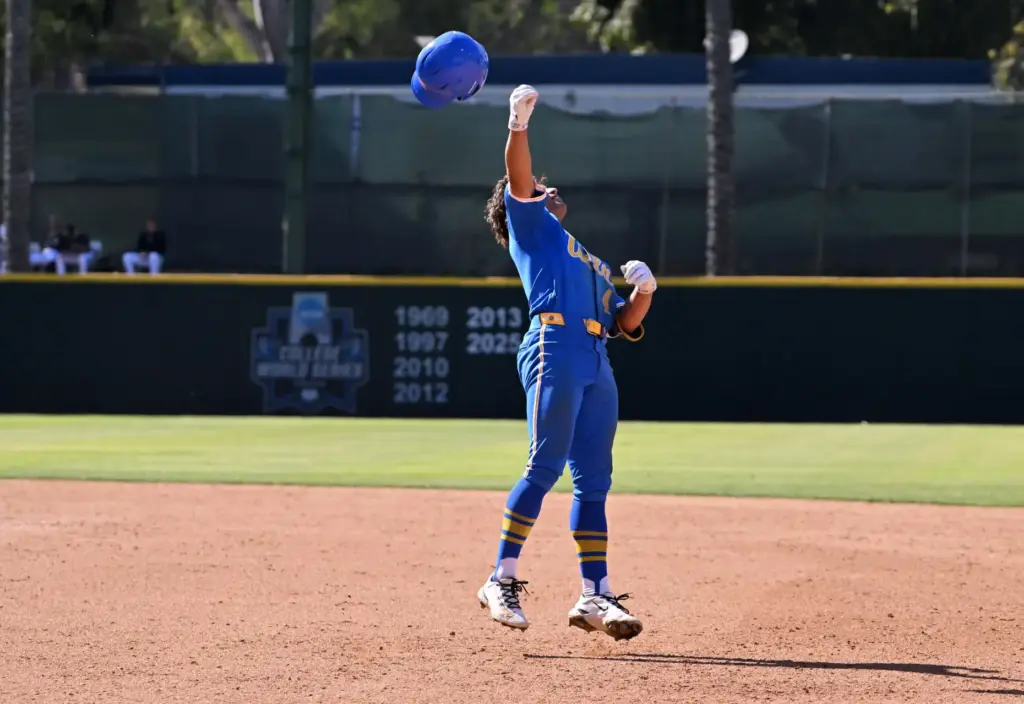 Phoenix Call #4 of the UCLA Bruins celebrates after the...