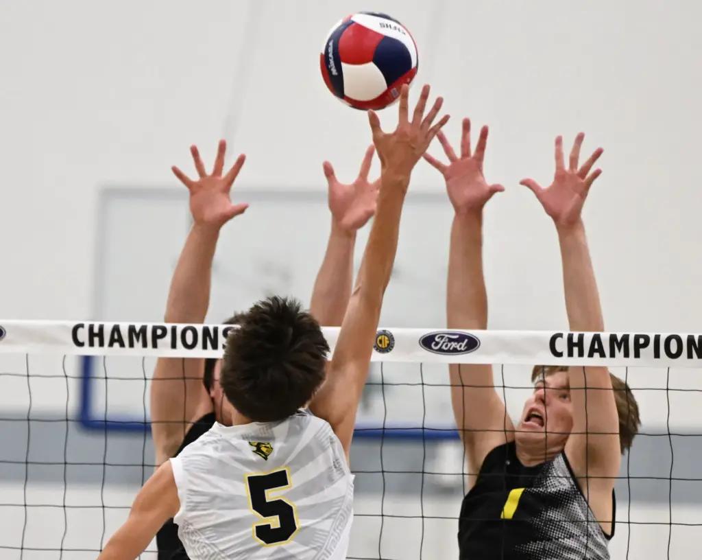 Parker Mesnik #5 of the Sunny Hills Lancers reaches for...