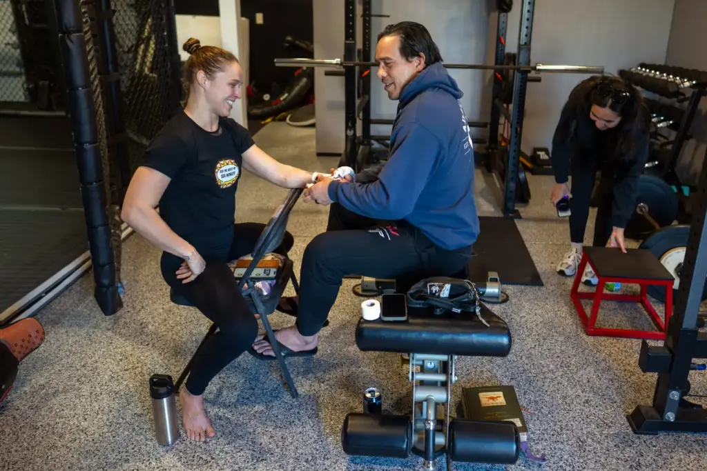 Former UFC champion and Olympic medalist Ronda Rousey prepares for...