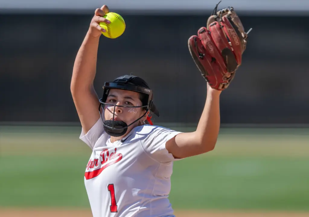 Mater Dei pitcher Citlaly Valencia throws to home plate during...