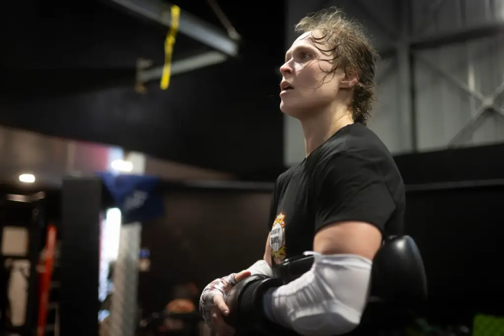 Former UFC champion and Olympic medalist Ronda Rousey prepares for...