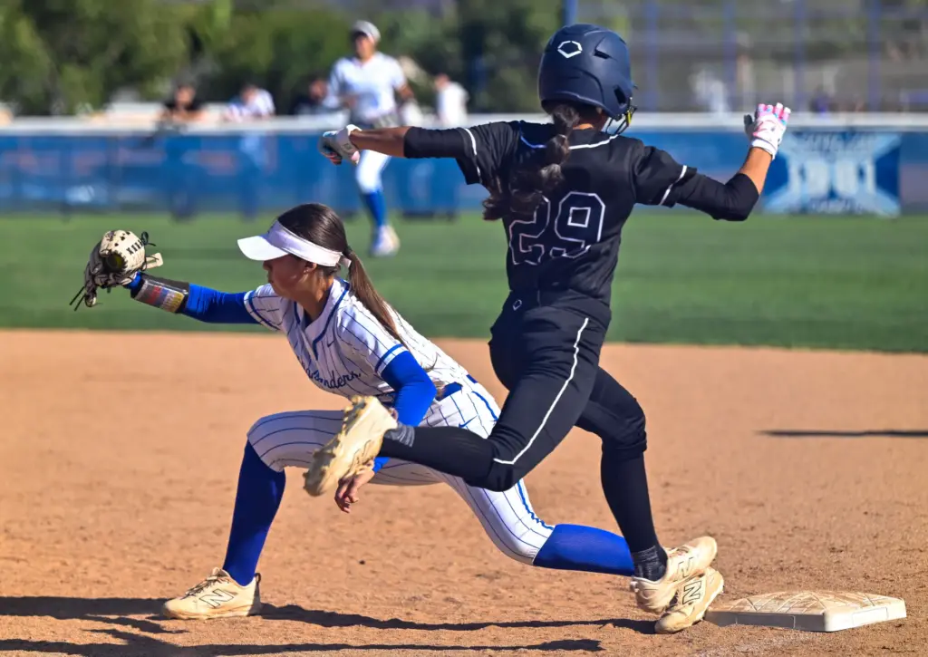 La Habra first baseman Rylee Gruener catches the ball in...