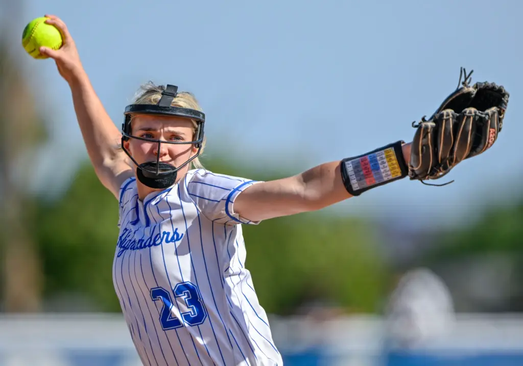 La Habra starting pitcher Madison Payne throws to home plate...