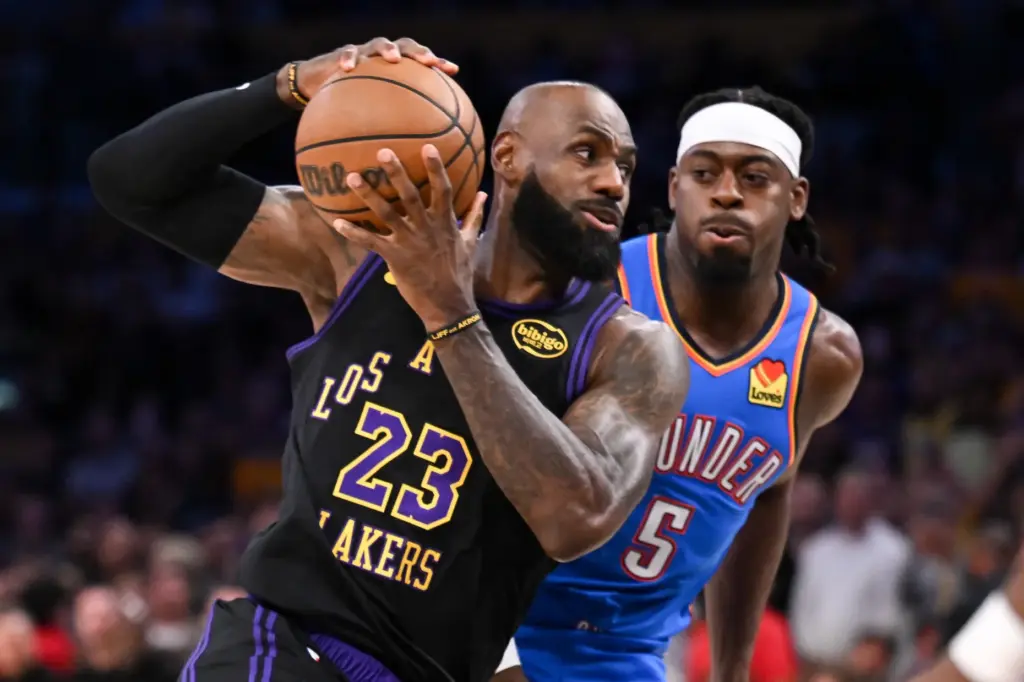 Lakers star LeBron James grabs a rebound in front of...