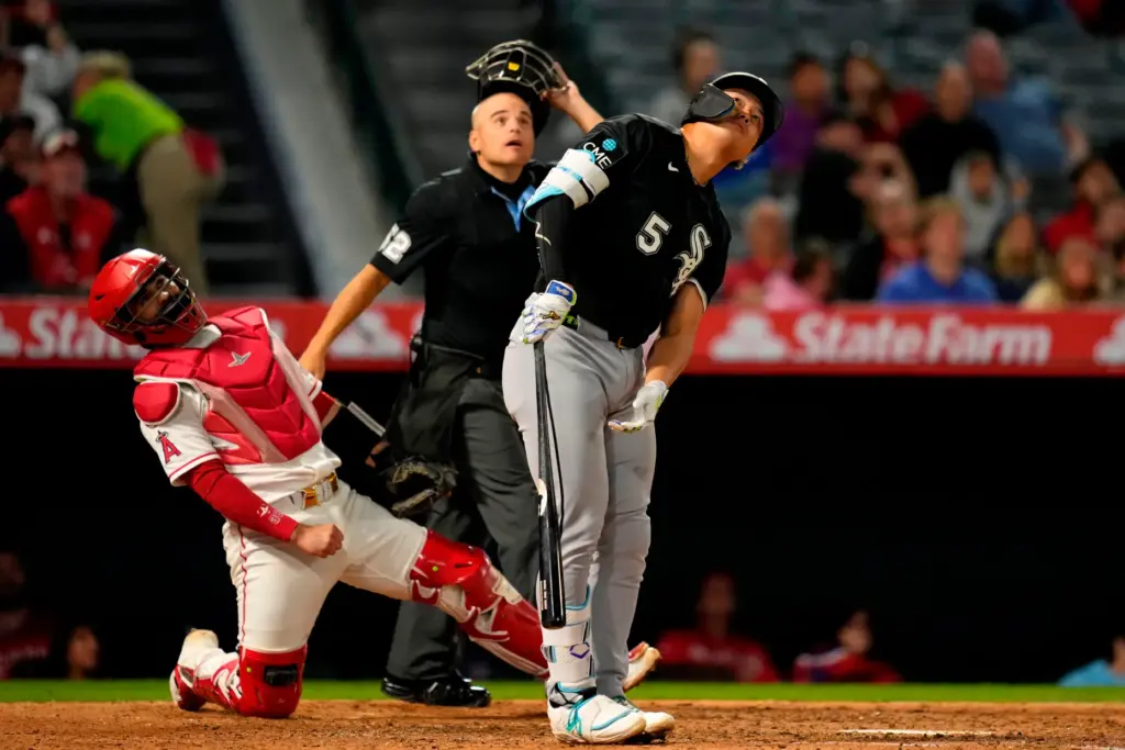 Chicago White Sox slugger Munetaka Murakami, right, and Angels catcher...