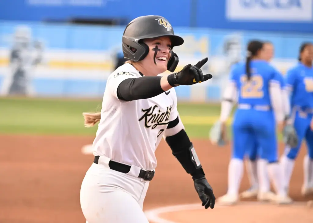 Aubrey Evans #3 of the UCF Knights reacts after hitting...