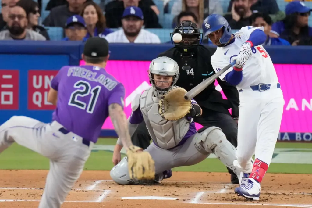 The Dodgers’ Mookie Betts hits a two-run home run off...