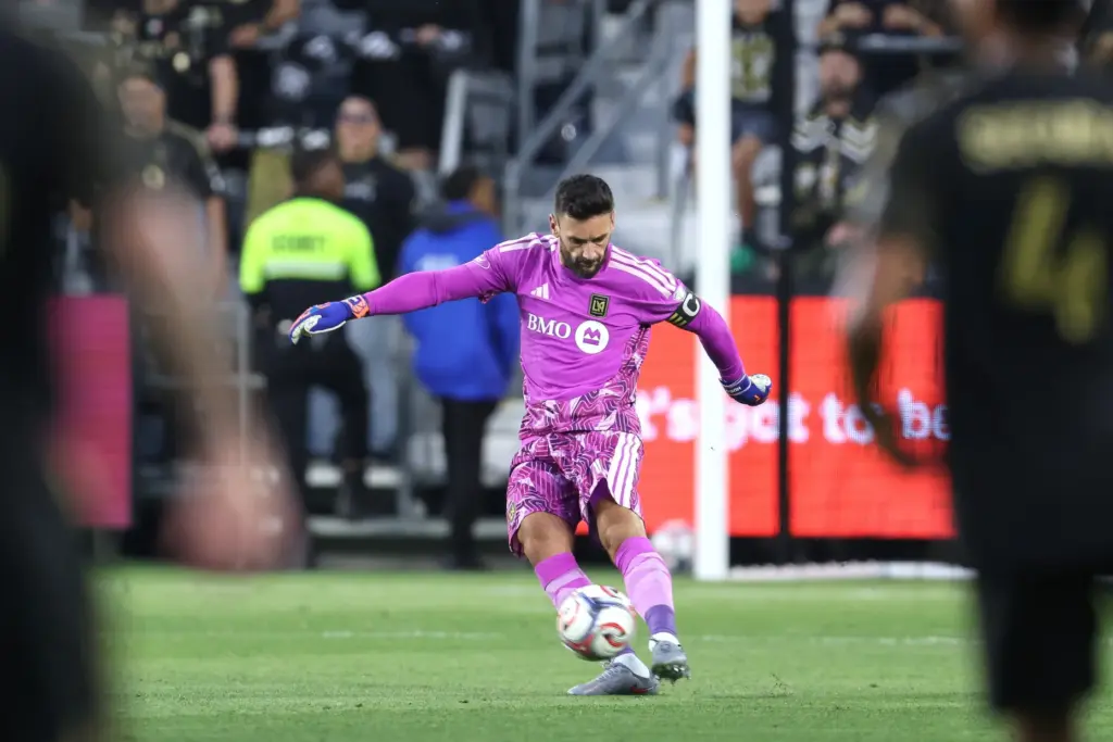 Los Angeles FC goalkeeper Hugo Lloris kicks the ball into...