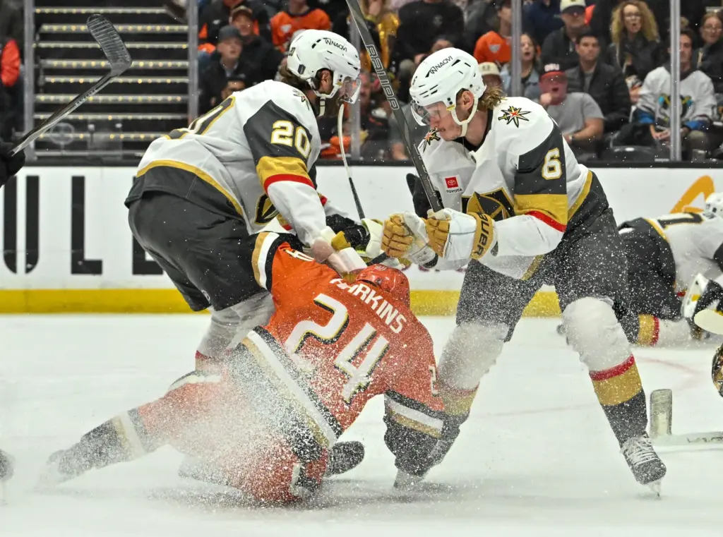 The Vegas Golden Knightsâ Brandon Saad (20) and Kaedan Korczak...