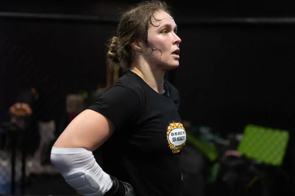 Former UFC champion and Olympic medalist Ronda Rousey prepares for...