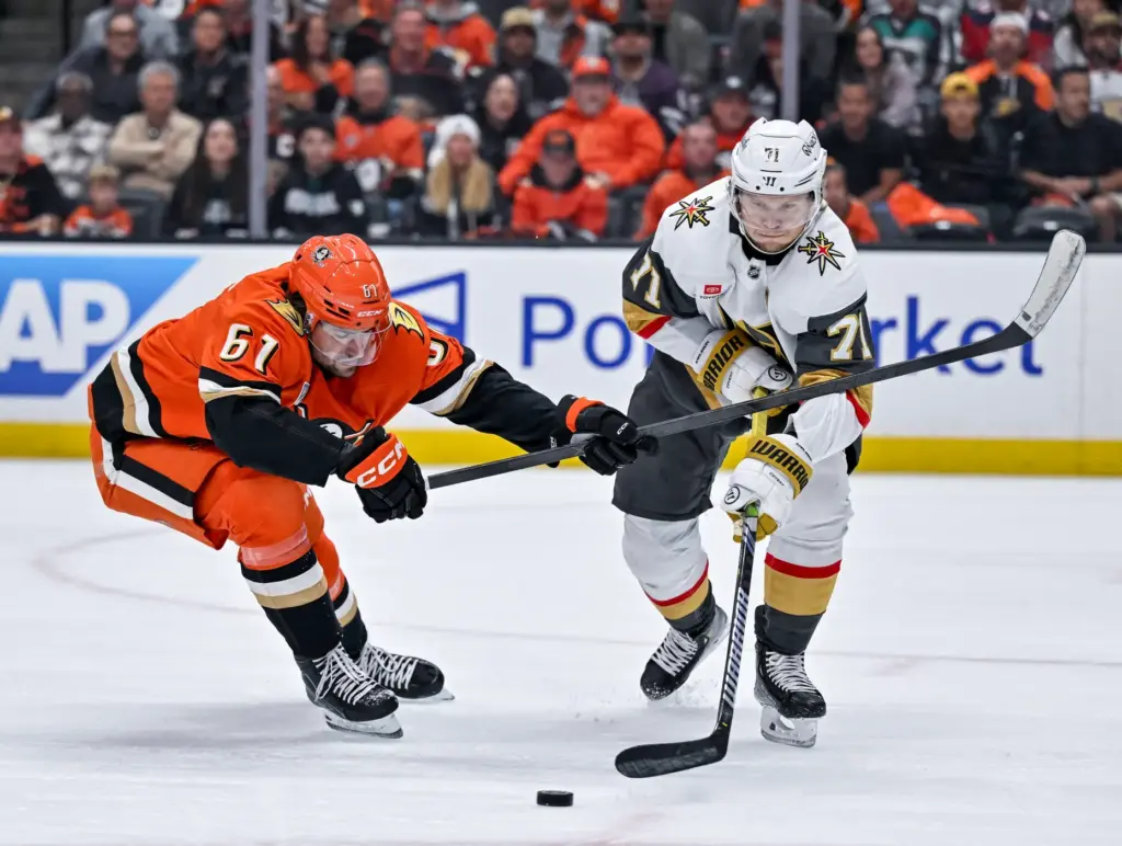 The Ducksâ Cutter Gauthier, left, and the Vegas Golden Knightsâ...