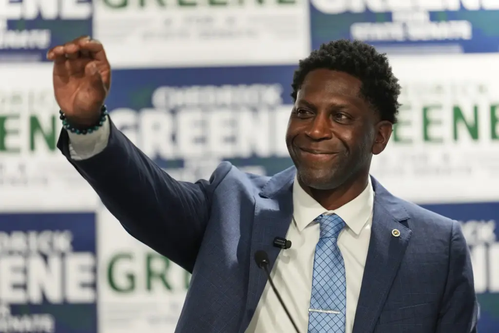 Chedrick Greene, Democratic candidate for 35th Senate District, speaks in Saginaw, Michigan.