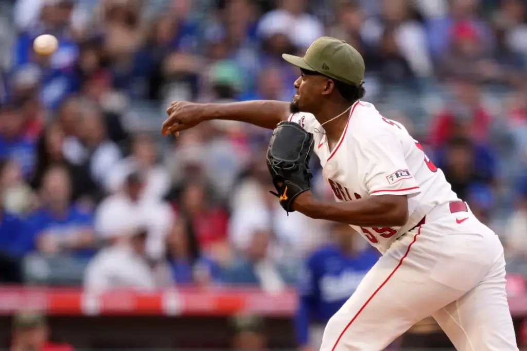 Angels pitcher JosÃ© Soriano throws to the plate during the...