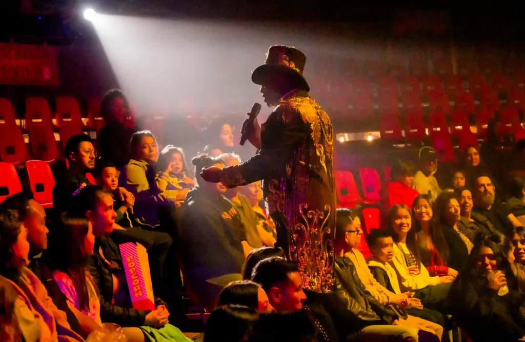 Ringmaster Johnathan Lee Iverson interacts with the audience during Circus...