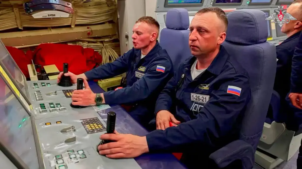 Russian navy personnel is seen during drills of Russia's nuclear forces.