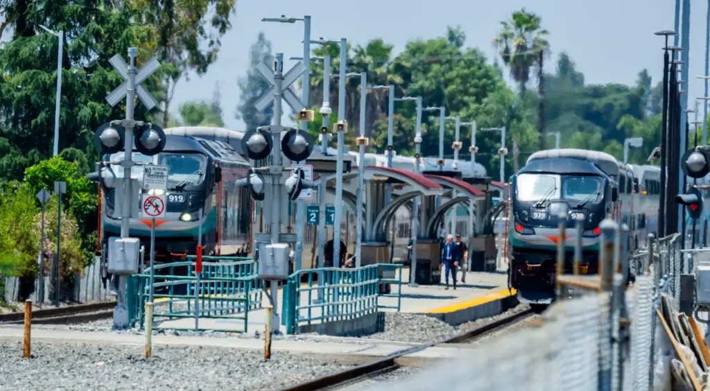 Metrolink trains arrive from San Bernardino and Los Angeles south...
