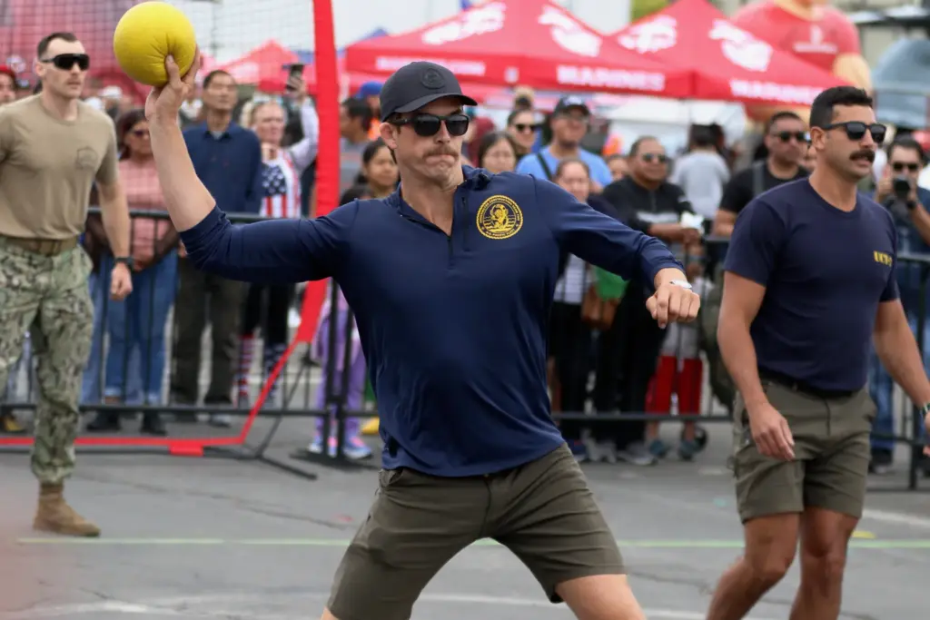 Players compete in the military dodgeball tournament on Sunday, May...