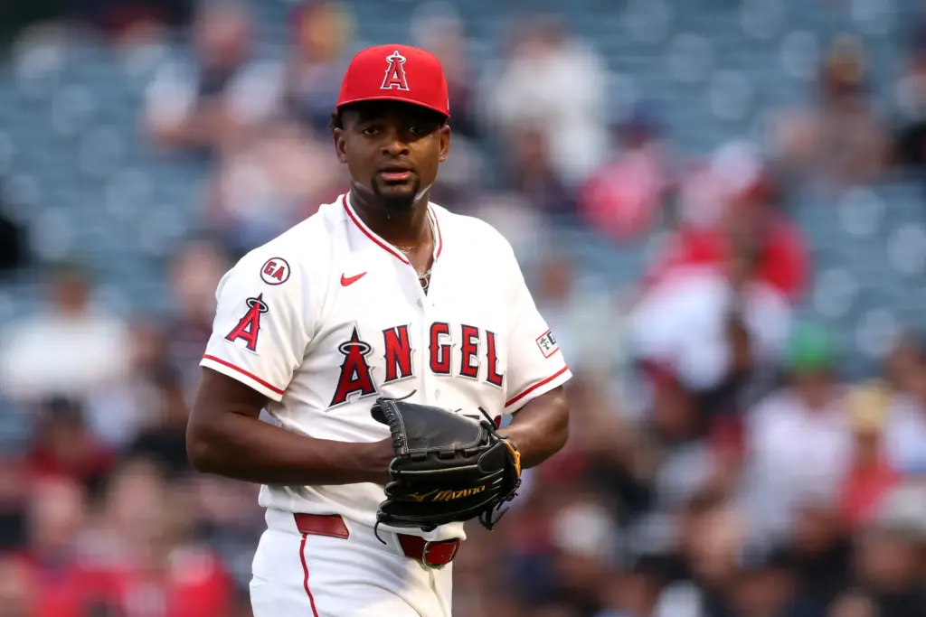 Angels starting pitcher JosÃ© Soriano shows his frustration during the...