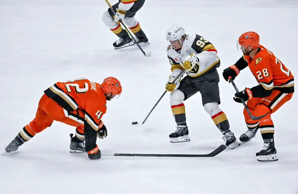 The Golden Knightsâ Mitch Marner (93) controls the puck during...