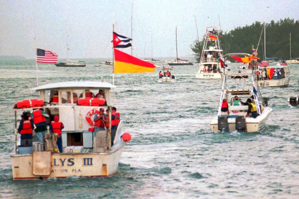 FILE – Some of the boats from the flotilla head...