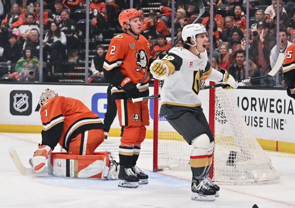 The Vegas Golden Knightsâ Mitch Marner (93) celebrates past the...