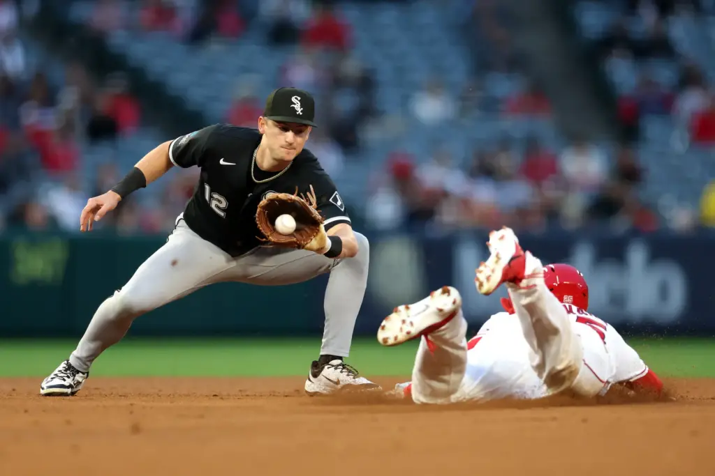 Chicago White Sox shortstop Colson Montgomery catches a throw before...