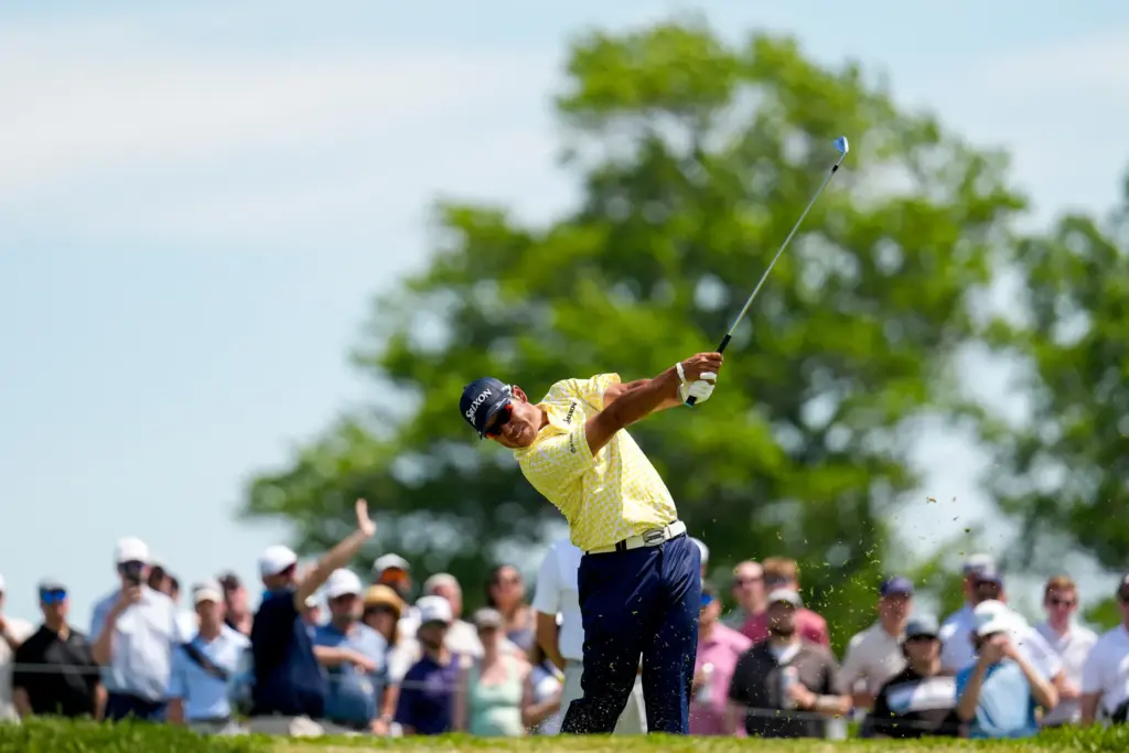 Hideki Matsuyama, of Japan, hits from the eighth tee during...