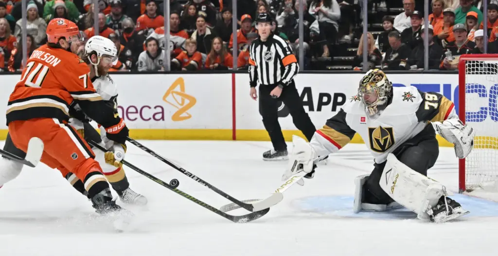 The Ducksâ John Carlson (74) battles the Vegas Golden Knightsâ...