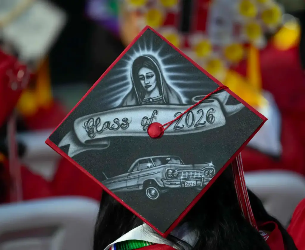A graduation cap at the Santa Ana High School graduation...