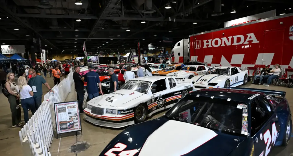 Race cars on display in the Lifestyle and Expo Center...