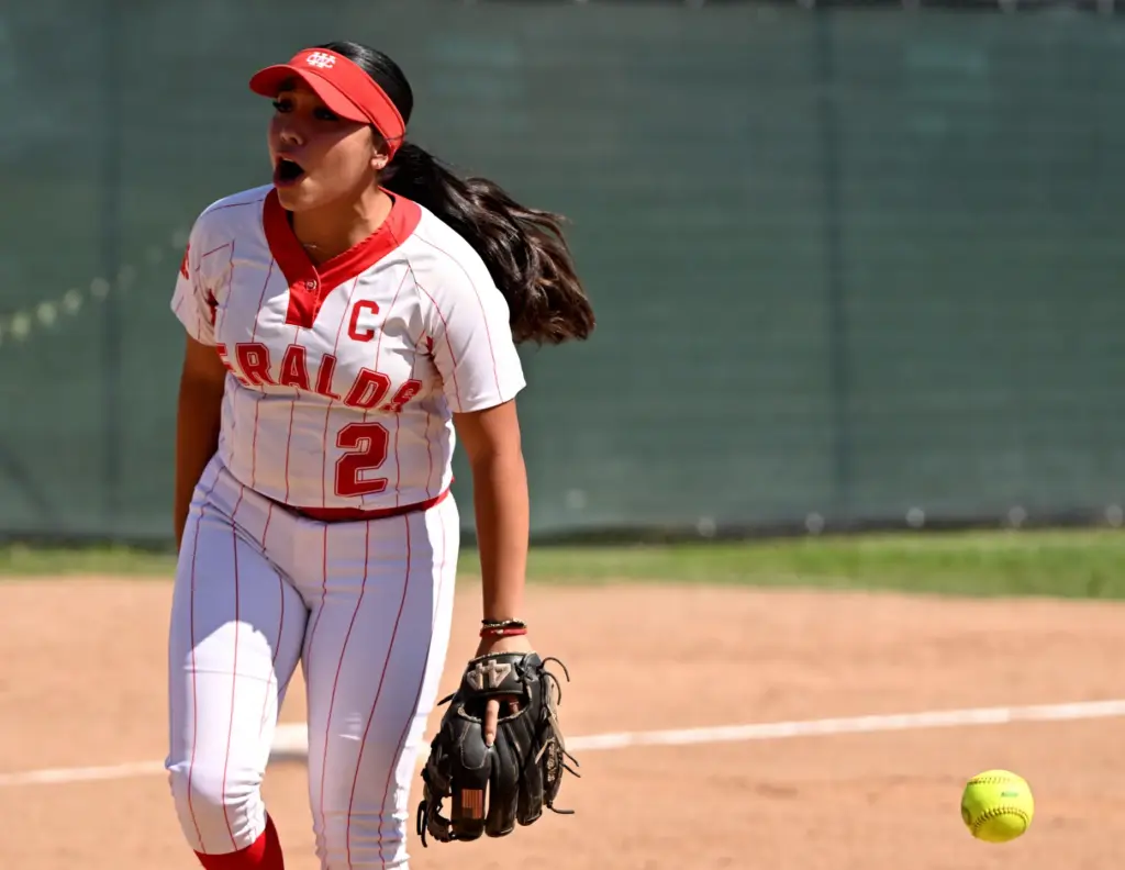Third baseman Sofia Hernandez #2 of the Whittier Christian Heralds...