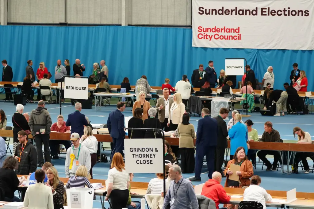Votes are counted for the 2026 local elections at the Silksworth Sports Complex in Sunderland, England.