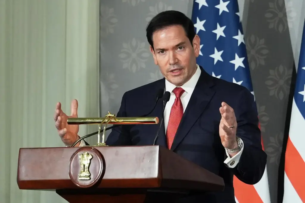 United States Secretary of State Marco Rubio speaks at a...