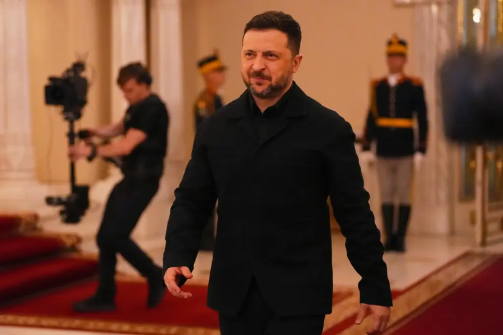 Ukraine’s President Volodymyr Zelenskyy arrives at the Bucharest B9 summit...