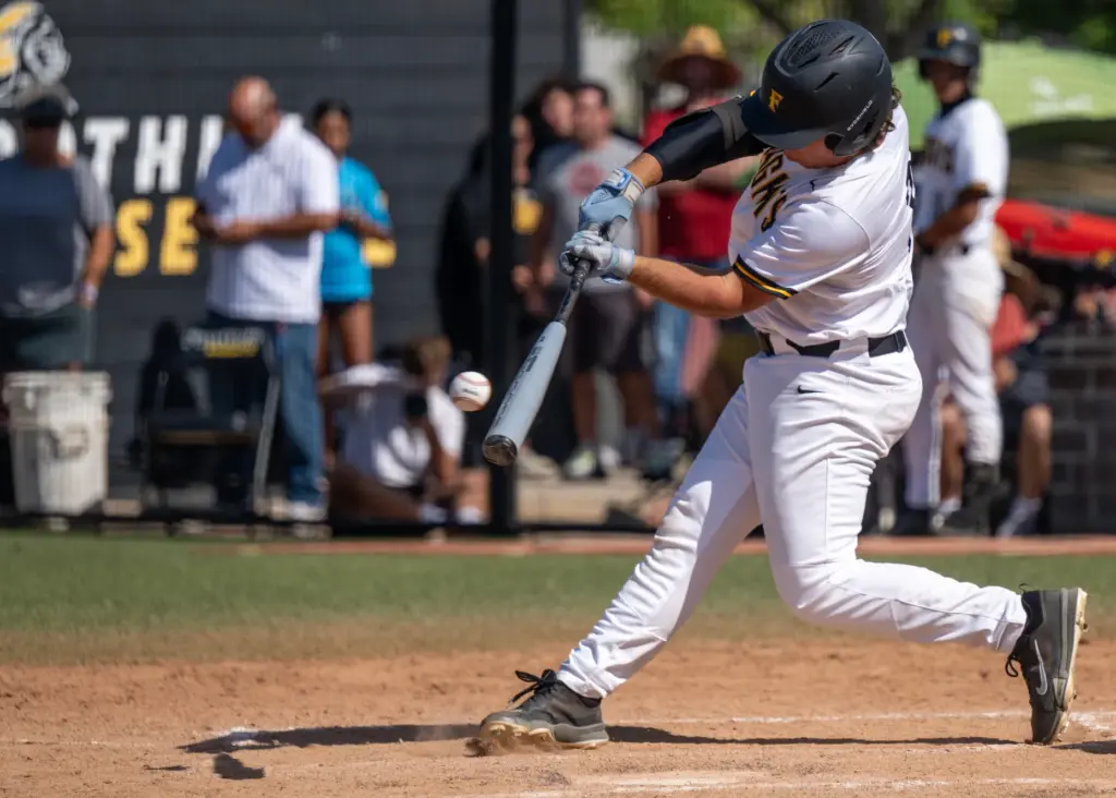 Foothill catcher Evan Kim hits the ball during a CIF-SS...