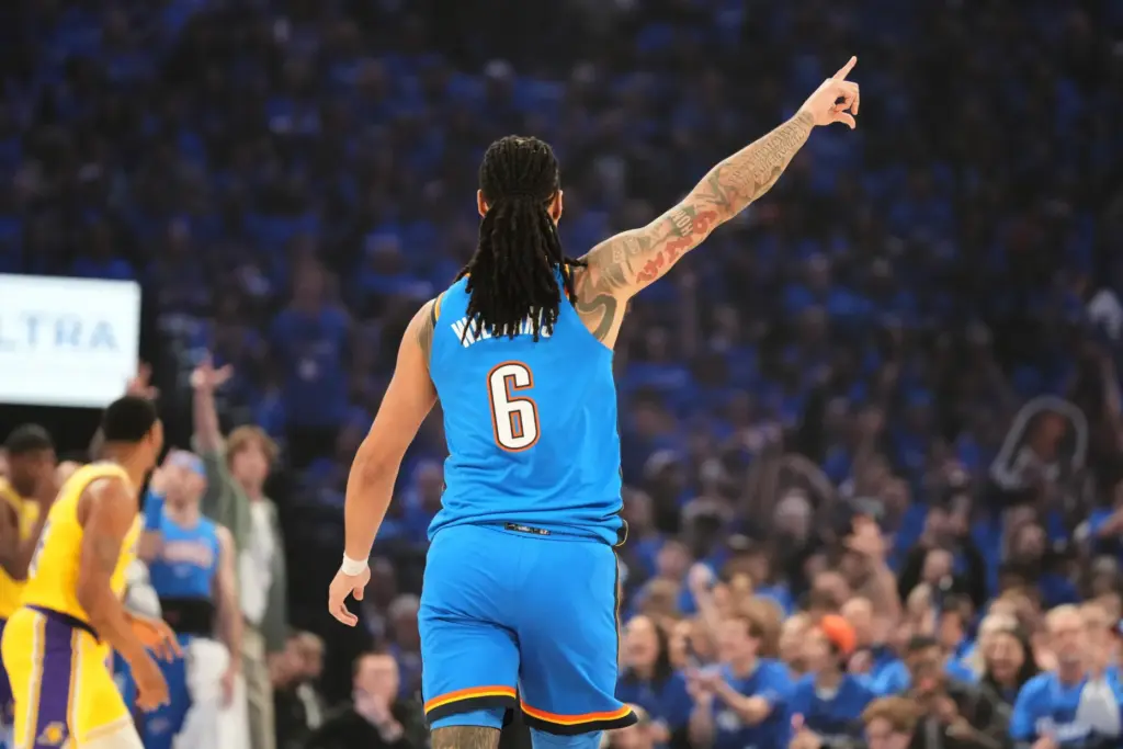 The Oklahoma City Thunder’s Jaylin Williams gestures as he celebrates...