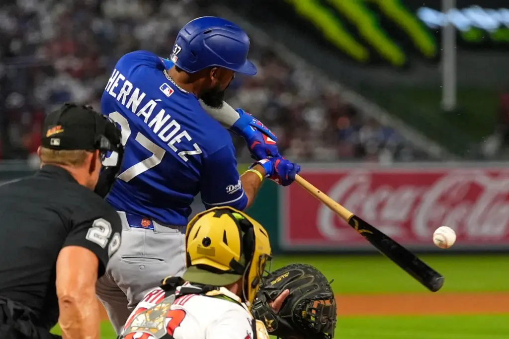 The Dodgers’ Teoscar HernÃ¡ndez hits a two-run home run during...