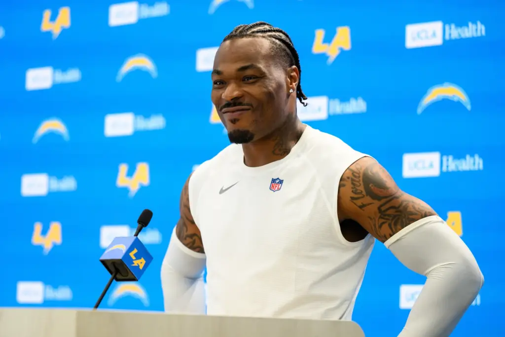 Chargers safety Derwin James Jr. speaks to reporters after the...