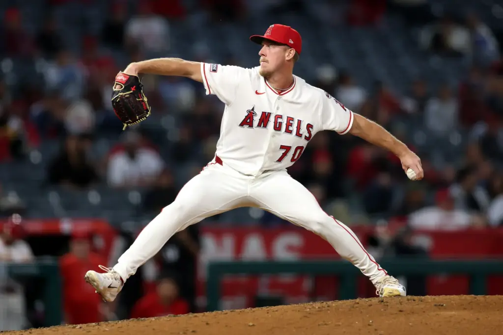 Angels relief pitcher Mitch Farris throws to the plate during...